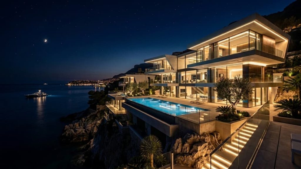 Cinematic Night Media of a Futuristic Monaco Mansion and Superyacht for Secure Visual Data Rooms